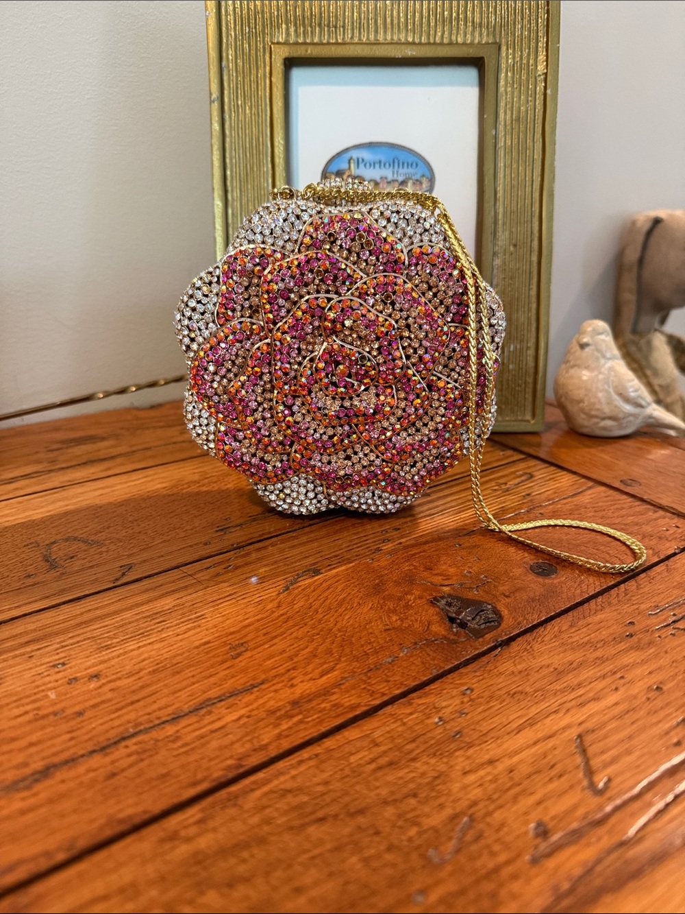 Embellished Rose Crystal Evening Bag in Pink and Gold